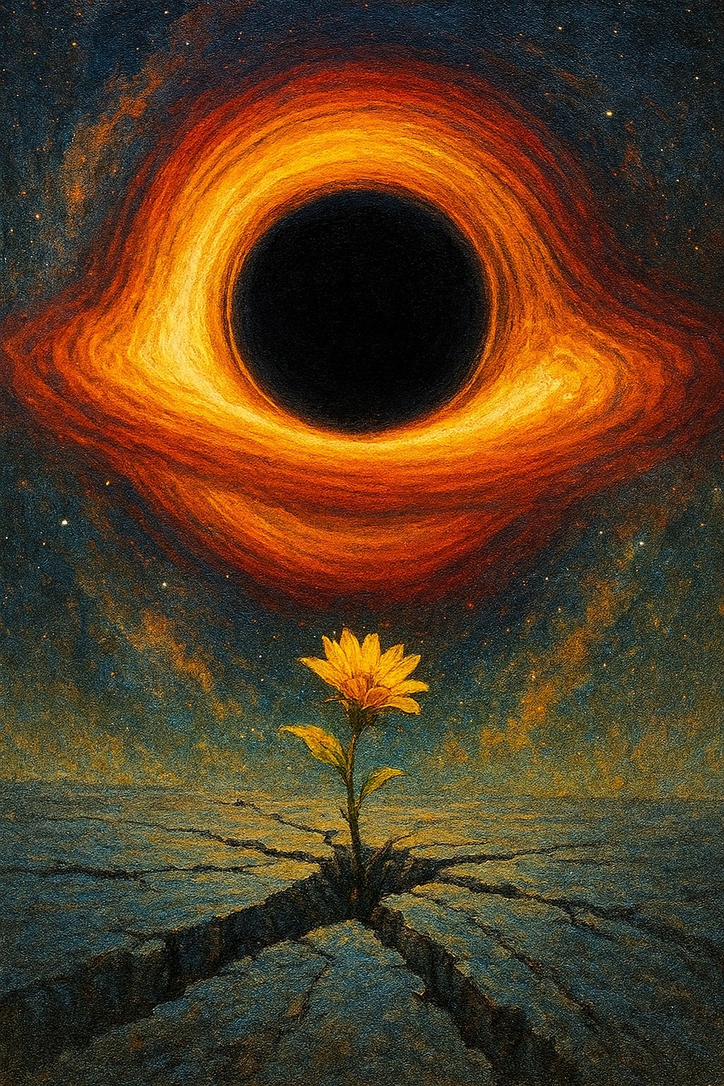 Flower emerging from asphalt with TON 618 black hole in background